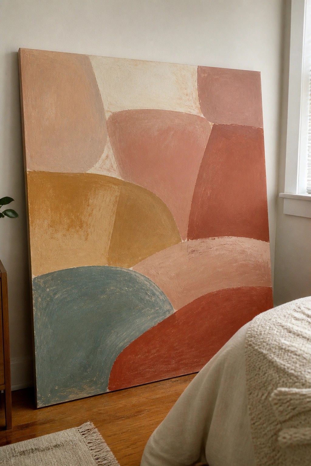 Large abstract painting with organic shapes in warm tones leaning on wooden floor