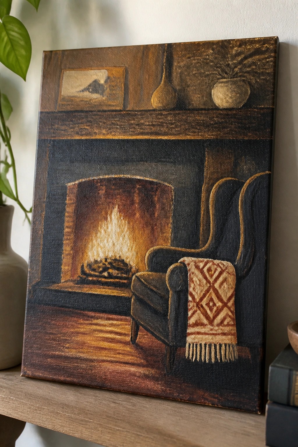 Cozy fireplace painting with glowing fire, dark armchair, patterned blanket, and wooden mantel.