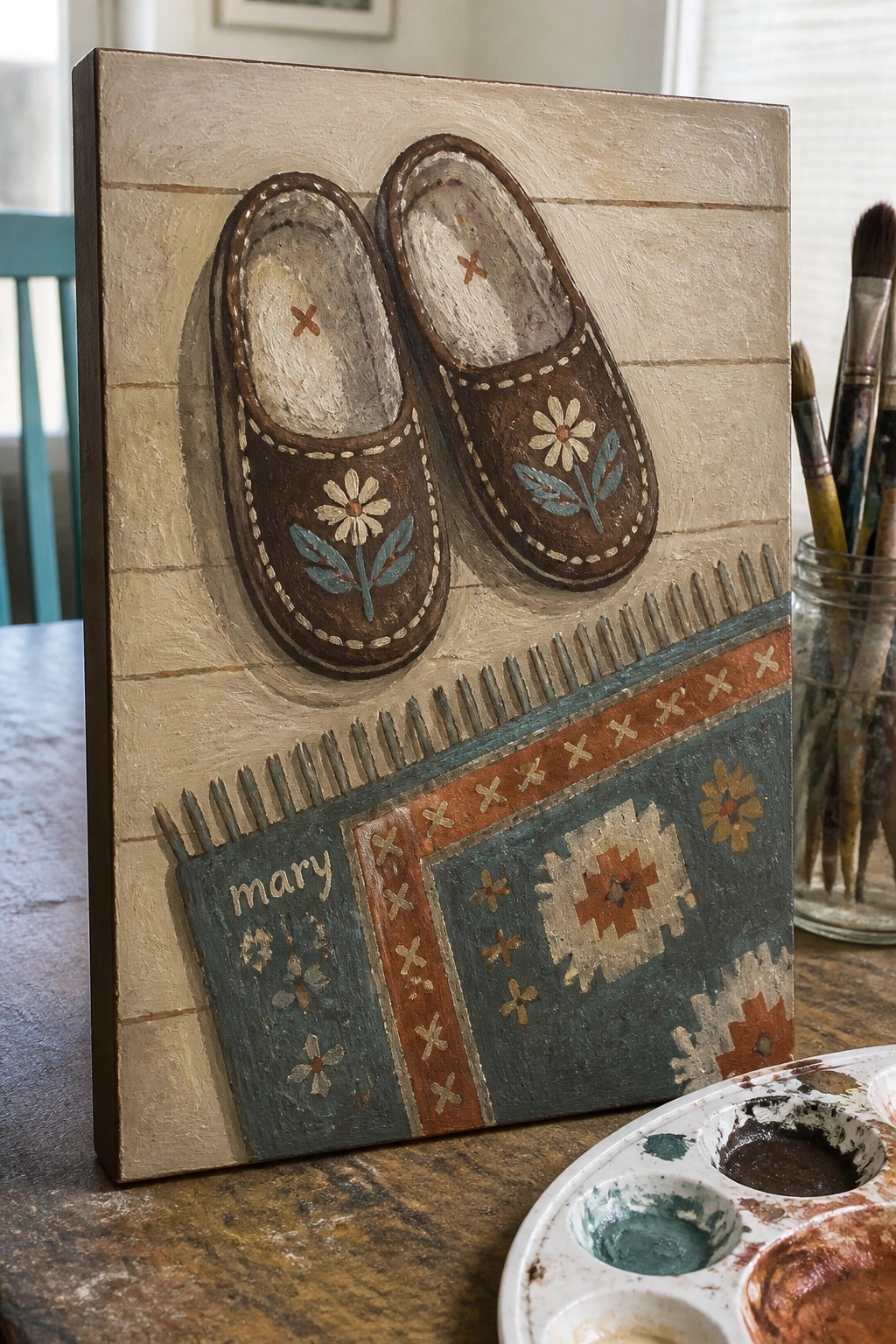 Painting of brown clogs on wood planks above patterned rug labeled Mary with art supplies nearby