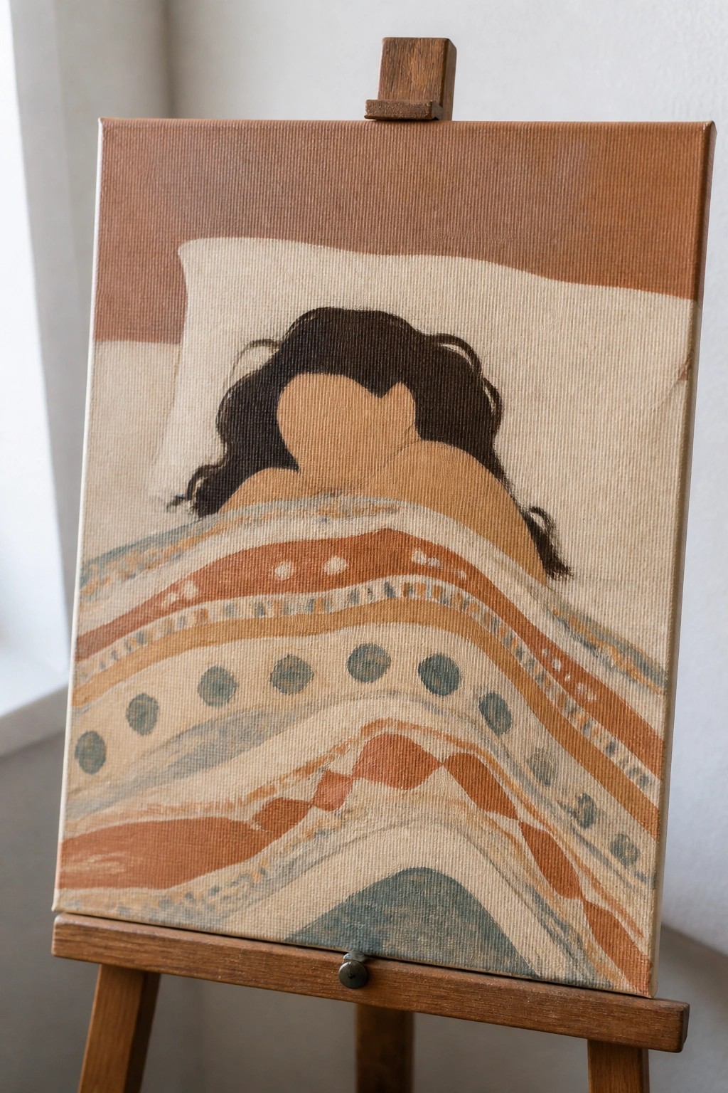 Painting on wooden easel of sleeping figure with dark hair under patterned blanket.