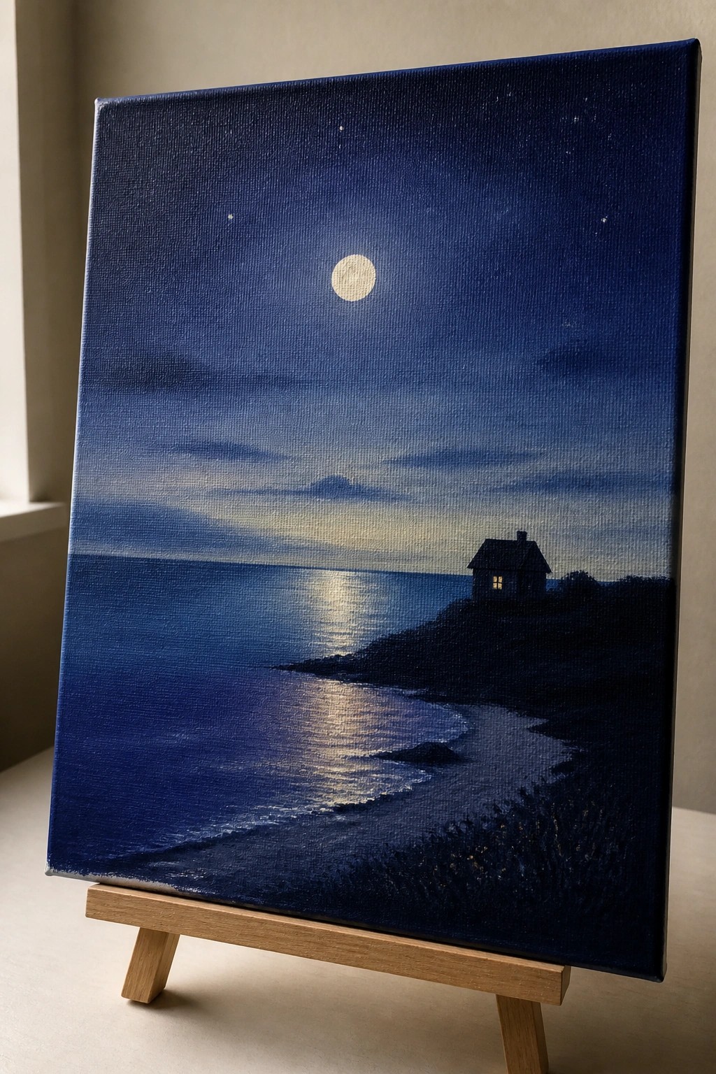Moonlit seascape painting with house on cliff under full moon on wooden easel