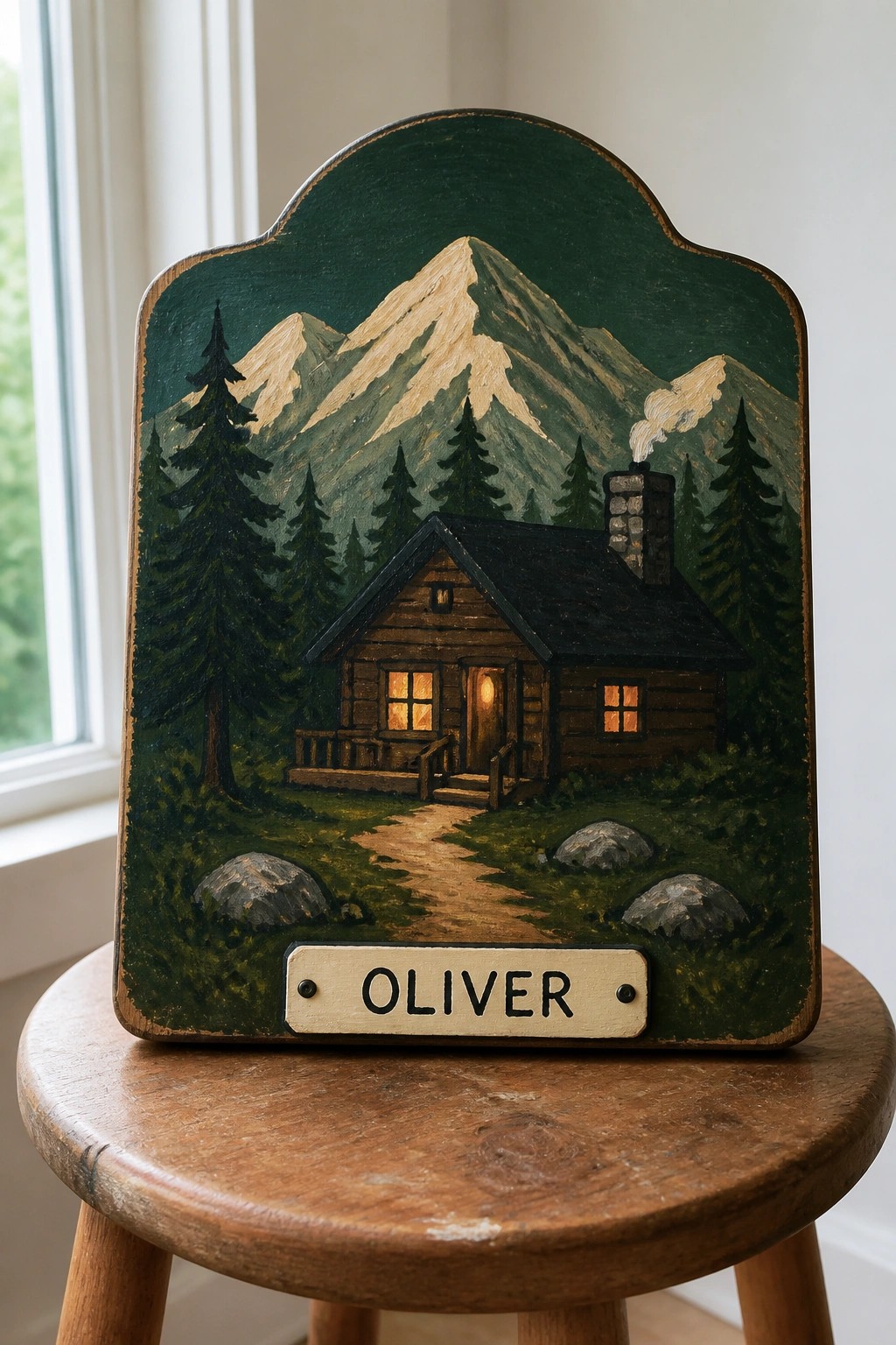 Hand-painted wooden plaque of mountain cabin with Oliver nameplate on a stool