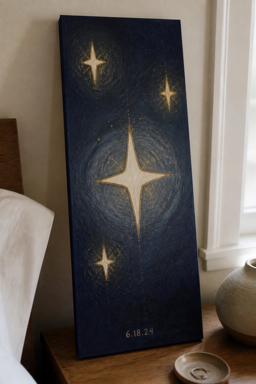 Vertical dark blue canvas with large white star, smaller gold stars, and date 6.18.24