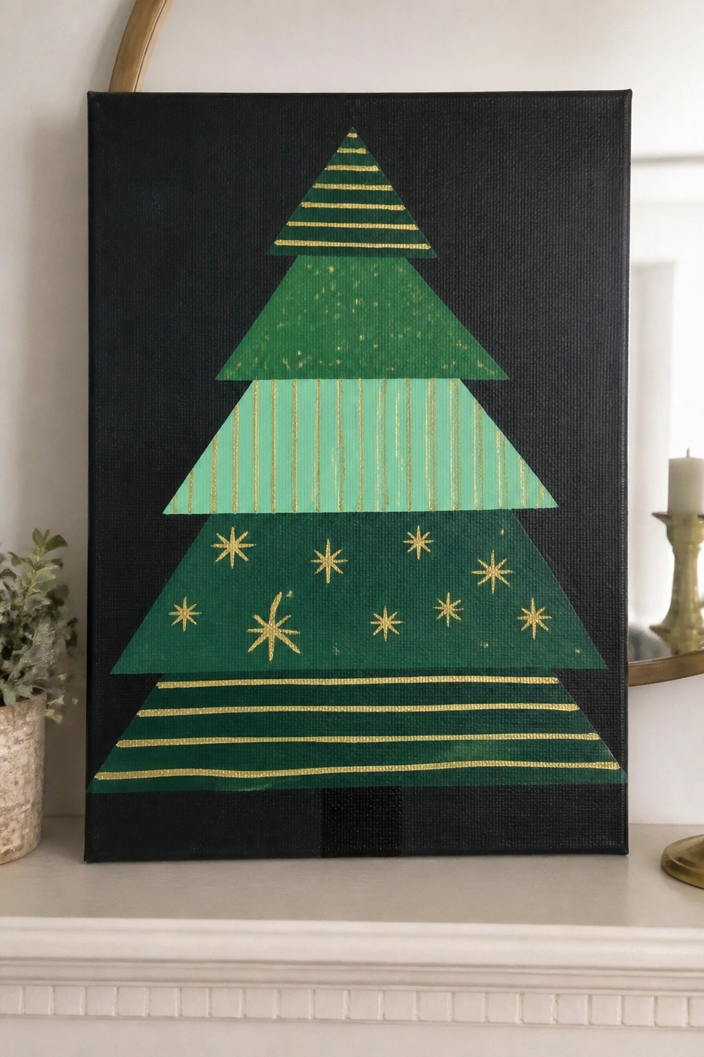 Abstract green Christmas tree with gold stripes and stars on black canvas
