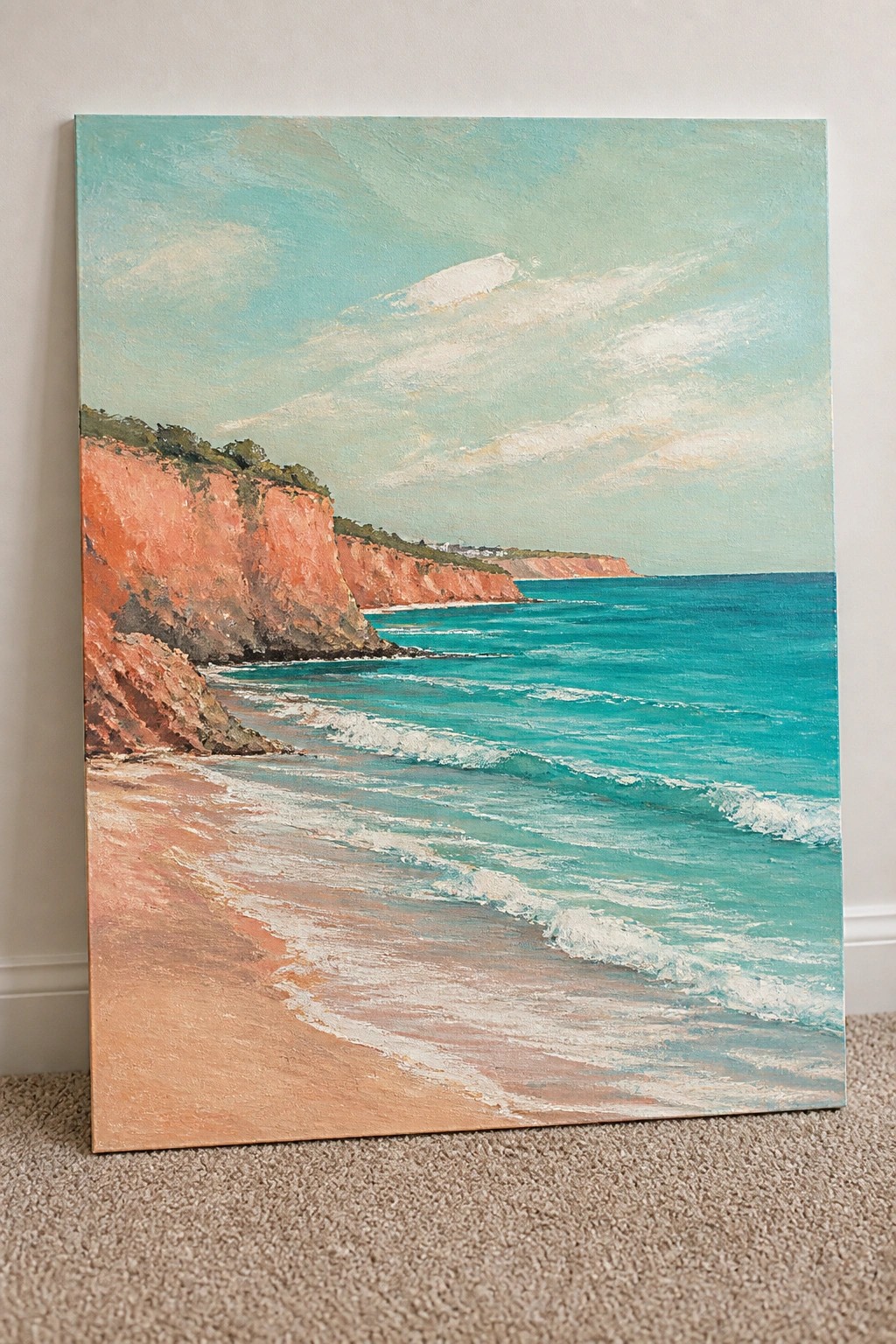 Painting of turquoise waves on a sandy beach with reddish cliffs under a cloudy sky.