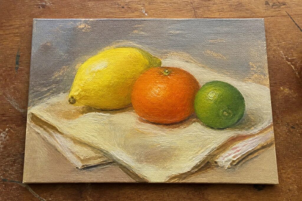 25 Fresh Oil Color Palette Ideas For Vibrant Harmonious Art Still life painting of yellow lemon, green lime, and orange on white draped cloth
