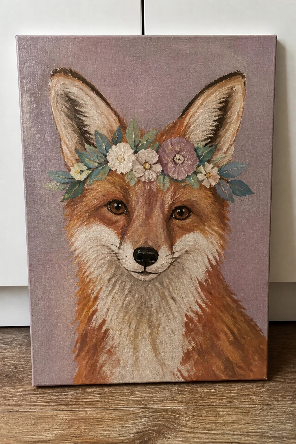 Painting of a red fox with floral crown on muted purple background