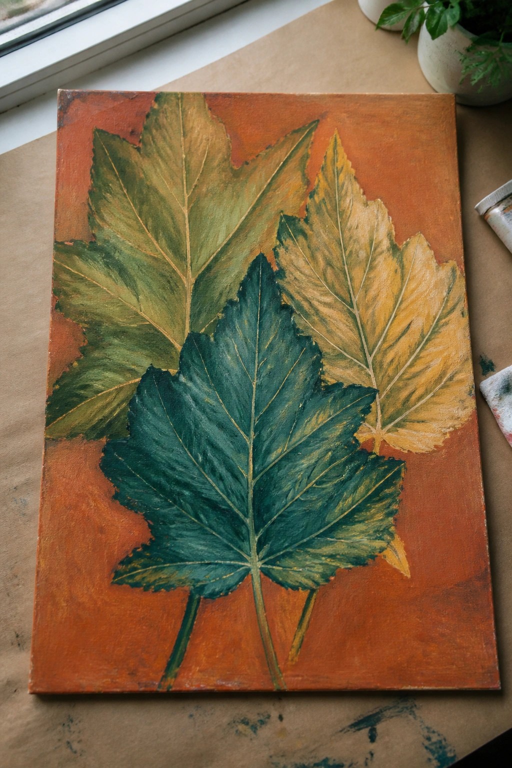 Canvas painting of three overlapping leaves in green and yellow on orange background.