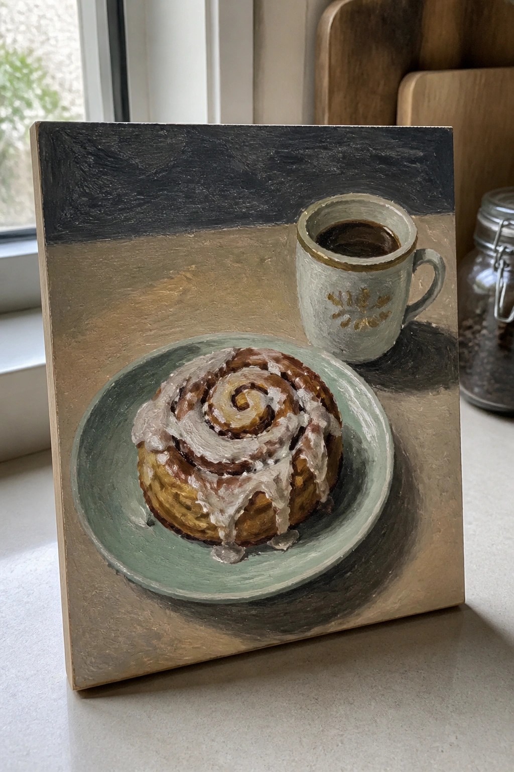 Oil painting of iced cinnamon roll on green plate beside coffee cup.