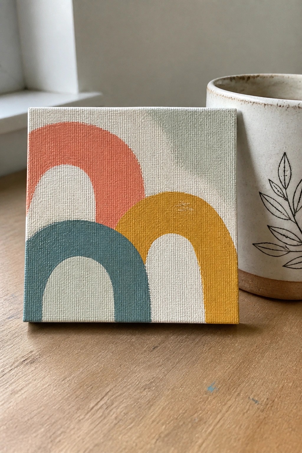 Abstract canvas with coral teal and yellow arches beside leaf-decorated ceramic mug on wood