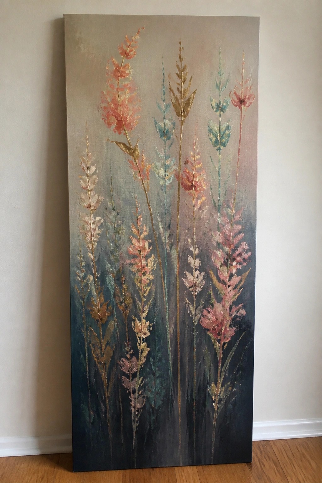 A tall vertical oil painting shows slender colorful wildflower stalks in pink, coral, teal, and gold against a gradient background from light beige to dark blue.
