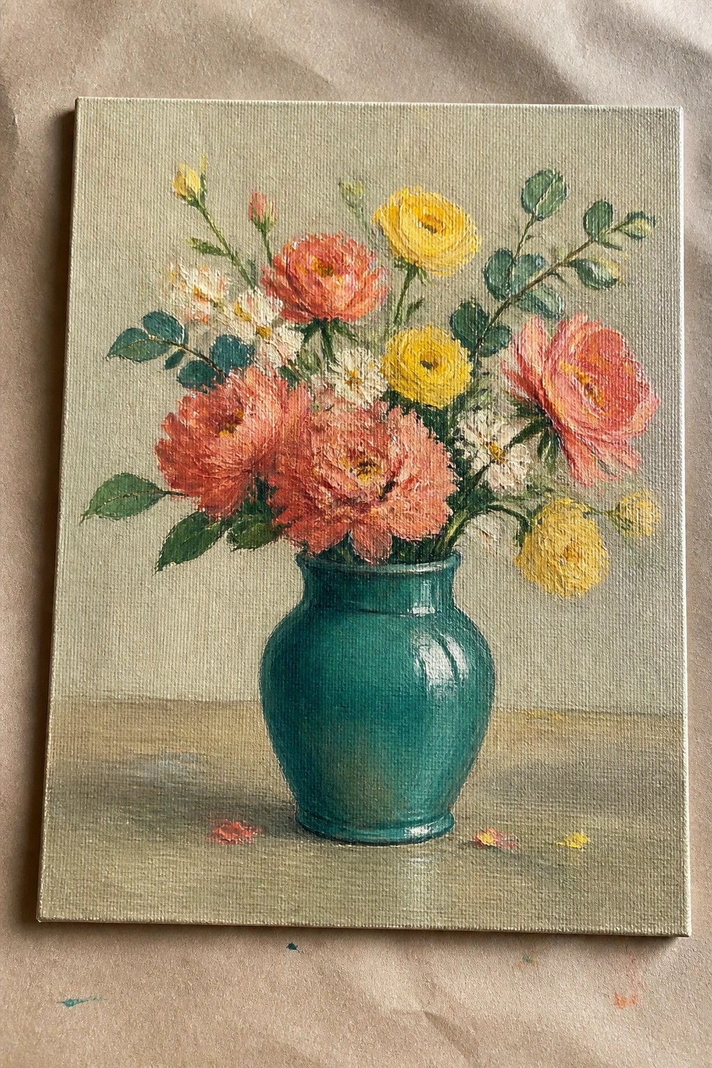 Colorful roses and daisies in a teal vase on a light surface