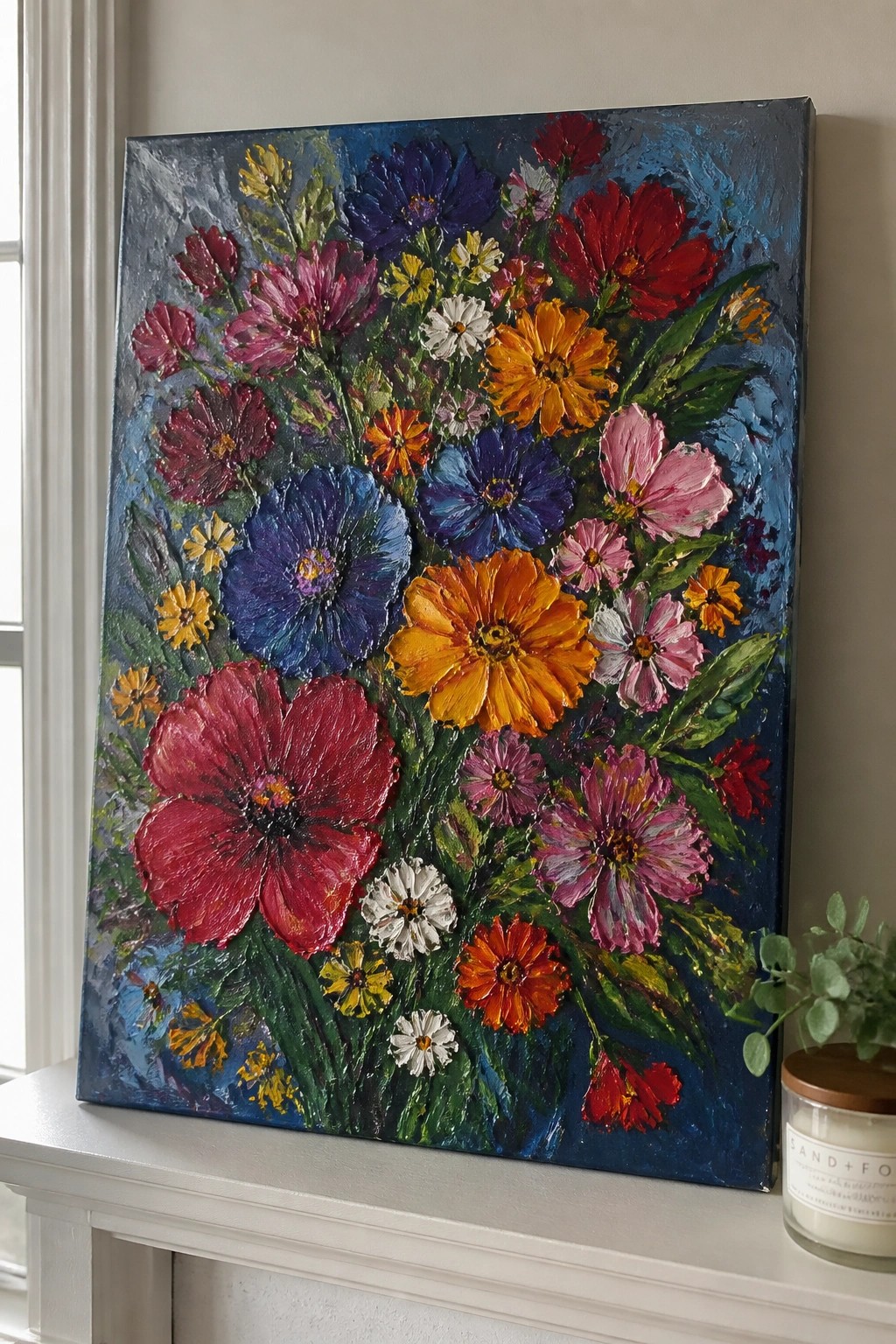 Vibrant impasto floral painting with red blue pink blooms on dark blue background