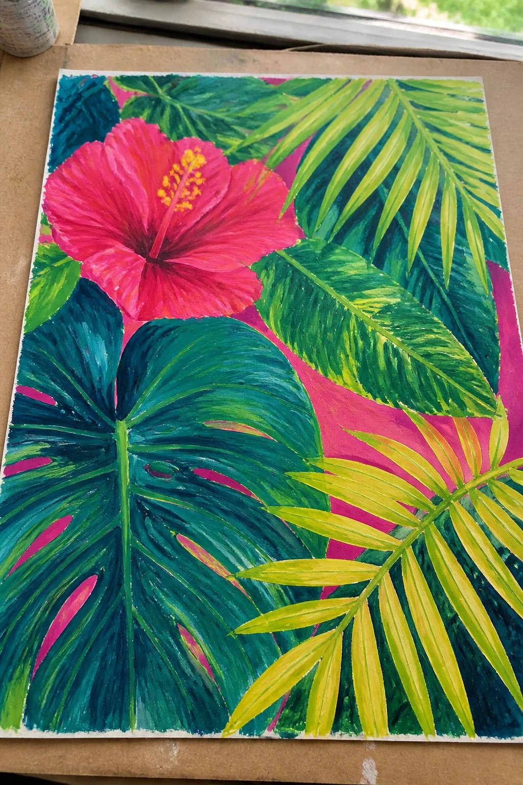 Vibrant painting of pink hibiscus amid lush green tropical leaves on magenta background.