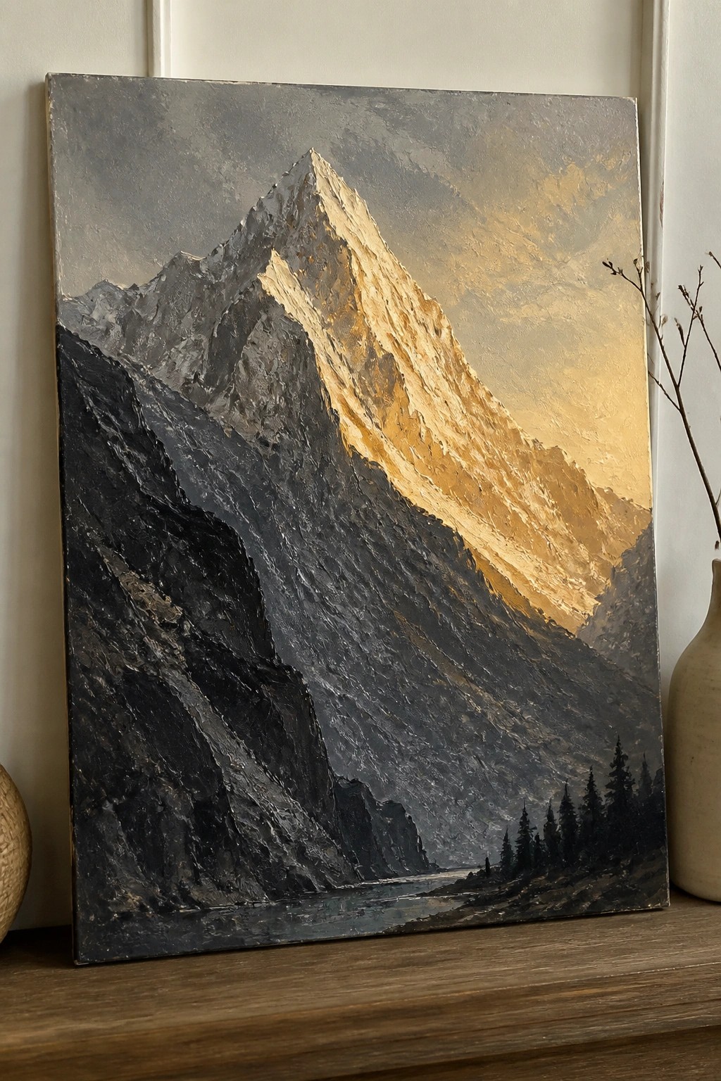 Impasto painting of golden-lit mountain peak above dark rocky valley and pines