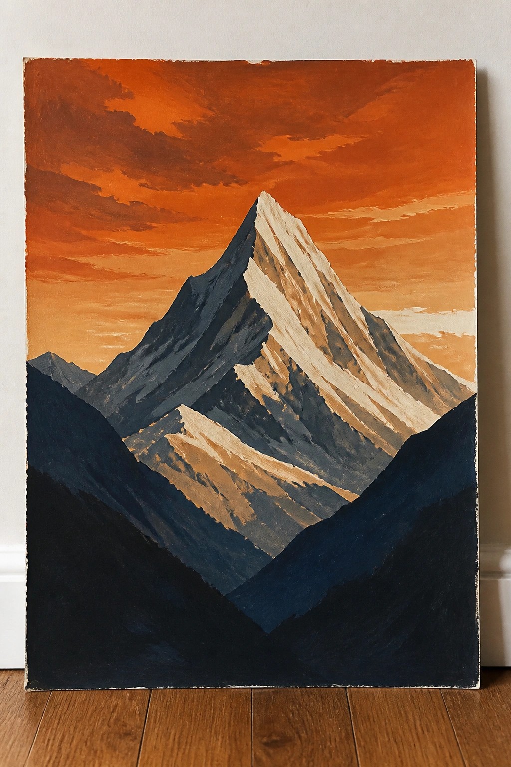 Snow-capped mountain peak rises against vibrant orange-red sunset sky in bold painting.