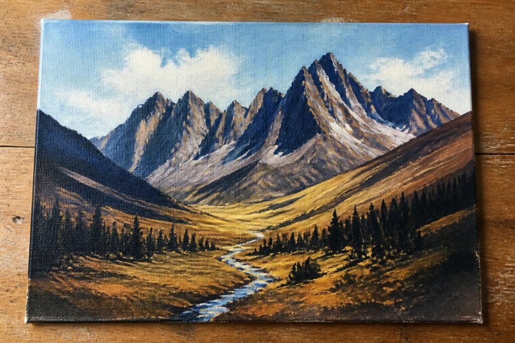 25 Gorgeous Mountain Painting Ideas Focused on Dramatic Peaks and Valley Views Rugged mountain peaks tower over winding river in golden valley painting