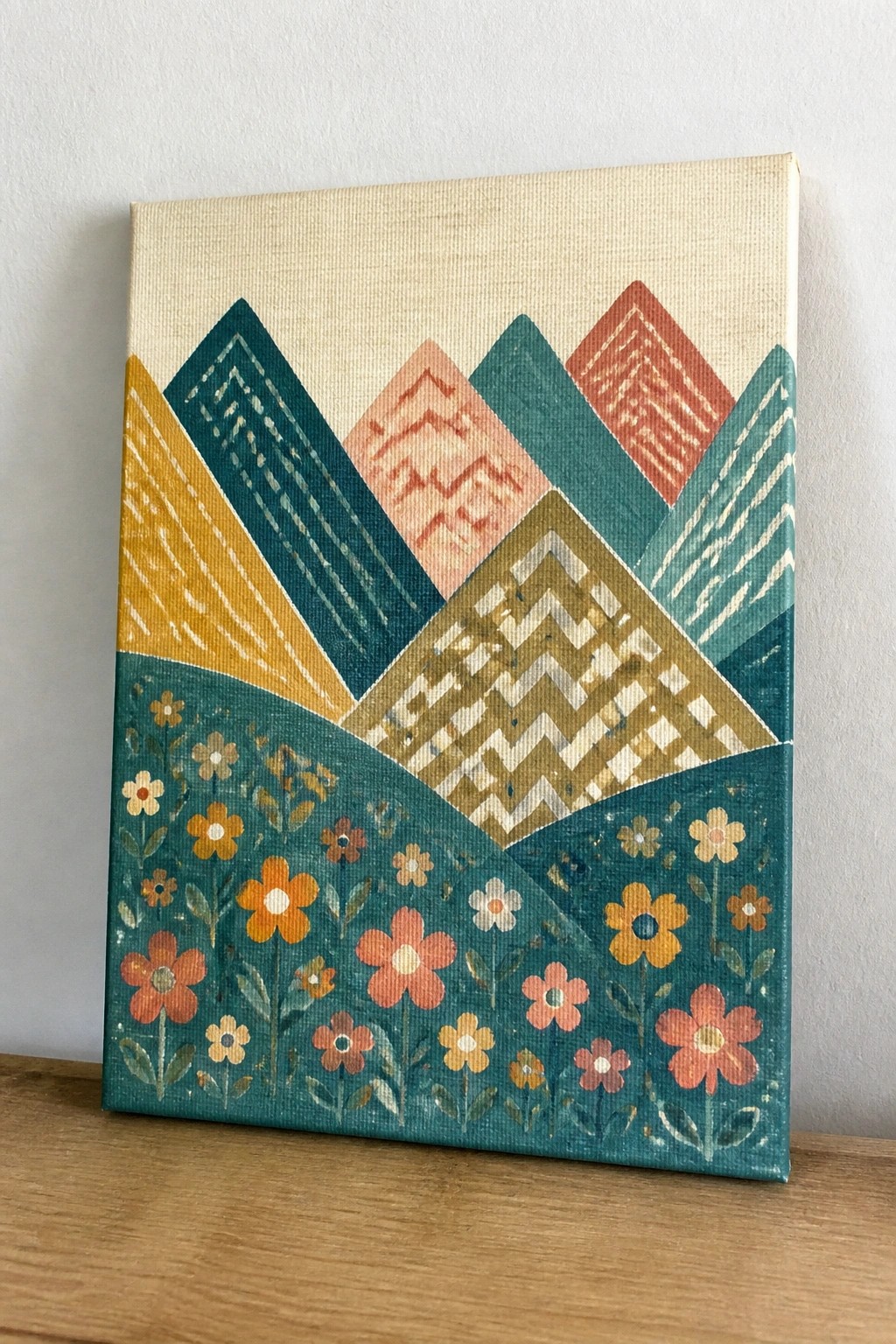 Colorful geometric mountain painting with patterned hills above a teal floral field