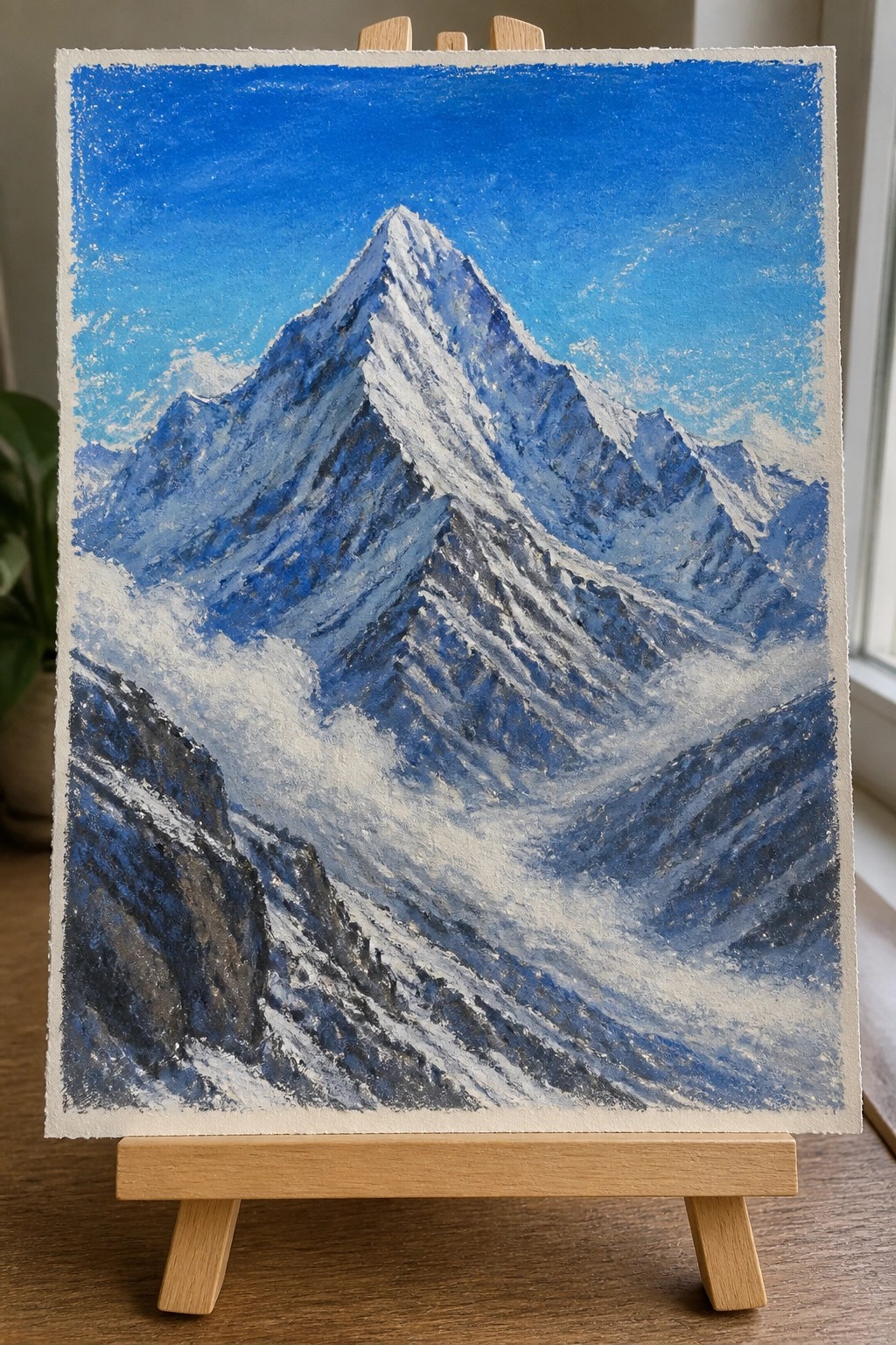 Vibrant blue and white painting of jagged snowy mountains on wooden easel