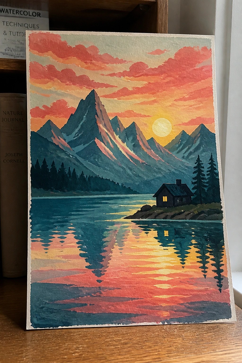 Watercolor painting of sunset mountains reflected in lake with lakeside cabin and trees.
