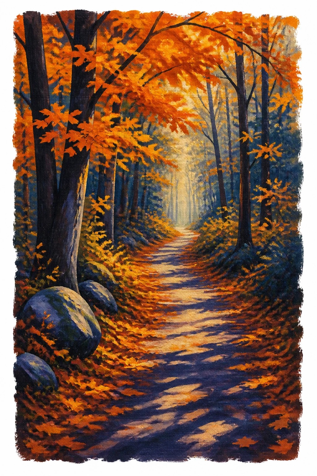 A winding path through an autumn forest with orange leaves on trees and ground rocks in the foreground and light glowing at the end of the trail