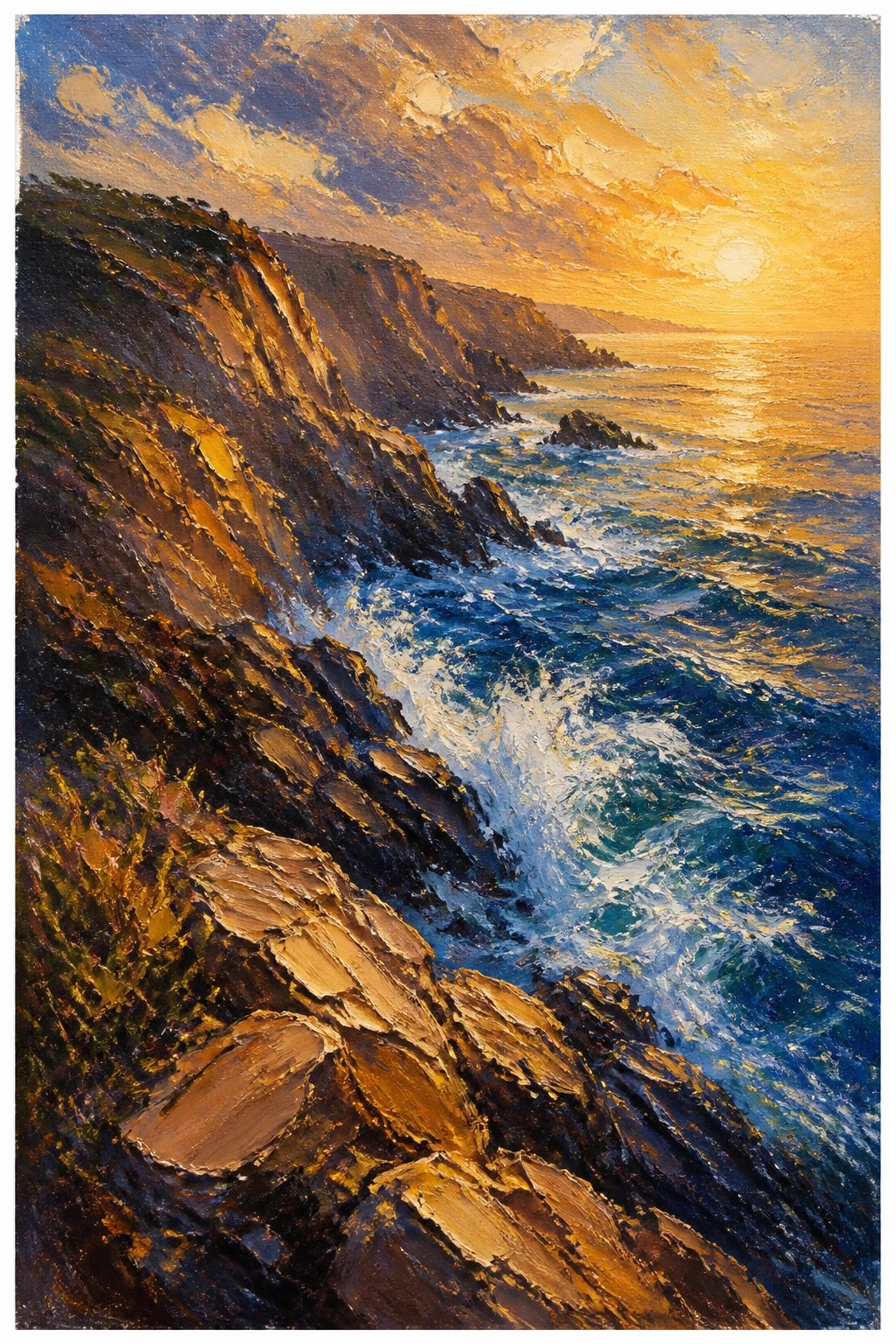 Oil painting of rocky cliffs at sunset with golden light on the rocks and blue waves crashing below against the shore.