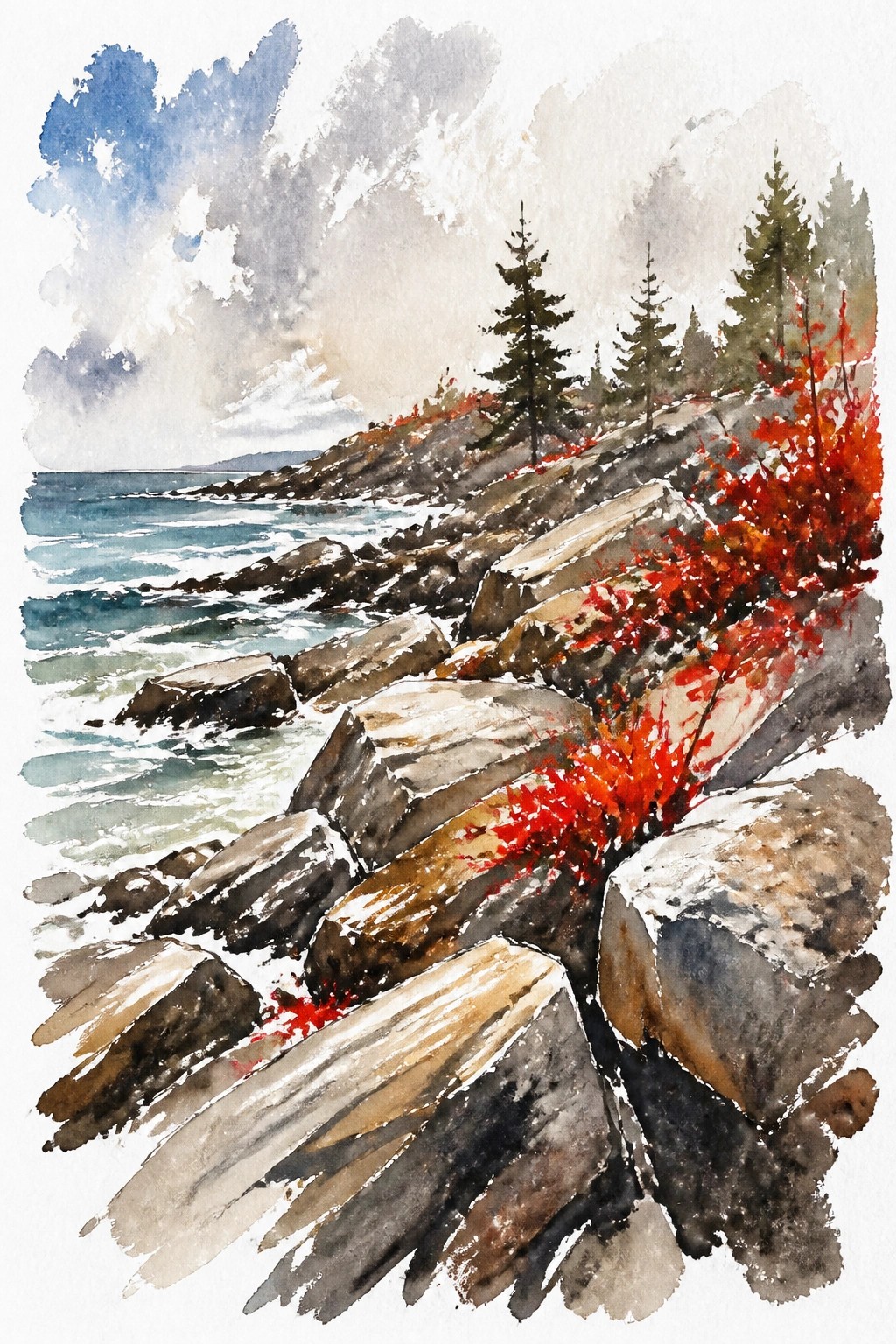 A watercolor painting of a rocky coastline with red autumn bushes, ocean waves, pine trees on a hill, and a dramatic cloudy sky.