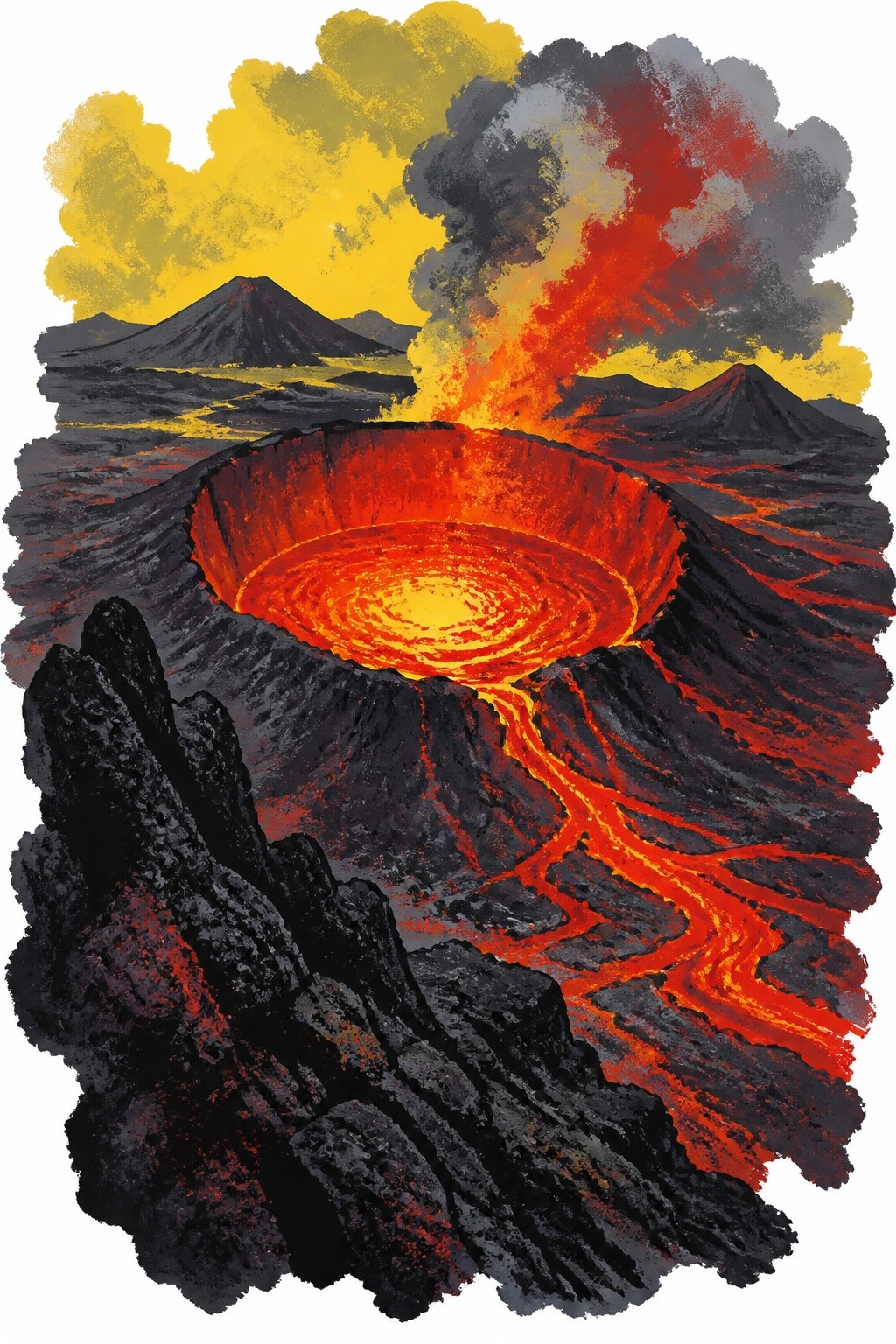 A vibrant painting shows a large volcanic crater with swirling orange lava, streams flowing over dark rocks, background mountains, and a dramatic yellow red sky with billowing smoke.