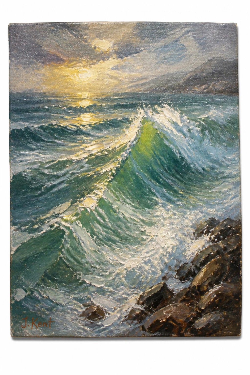 Oil painting of green waves crashing on rocks at sunset with golden sunlight reflecting on the sea and dark clouds overhead.