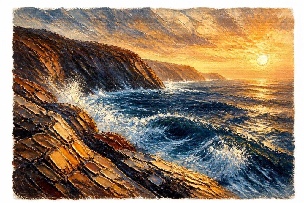 25 Inspiring Landscape Painting Tutorials Focused on Strong Composition Oil painting of rocky cliffs at sunset with golden light on the rocks and blue waves crashing below against the shore.