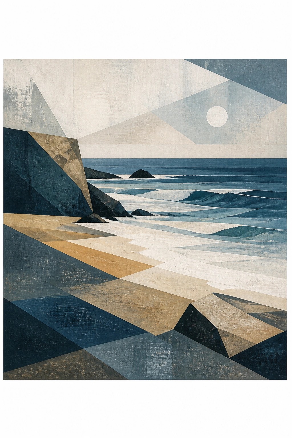 A geometric abstract painting of a coastal landscape with angular shapes forming cliffs, beach, waves, and a pale sun over the ocean in shades of blue and beige.