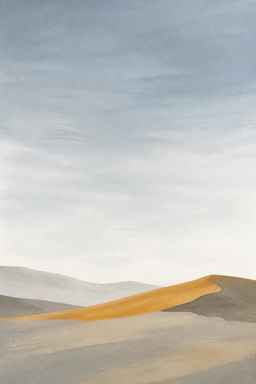A minimalist landscape painting showing a bright golden sand dune curving across muted gray hills beneath a soft blue sky.