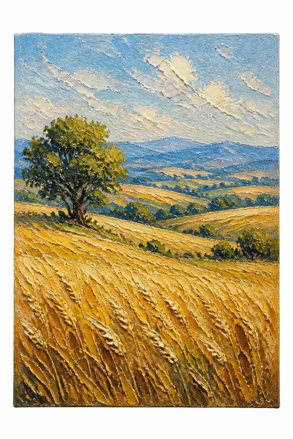 An oil painting of a golden wheat field with a solitary tree on the left rolling hills and blue mountains in the distance under a cloudy sky using thick textured brushstrokes.