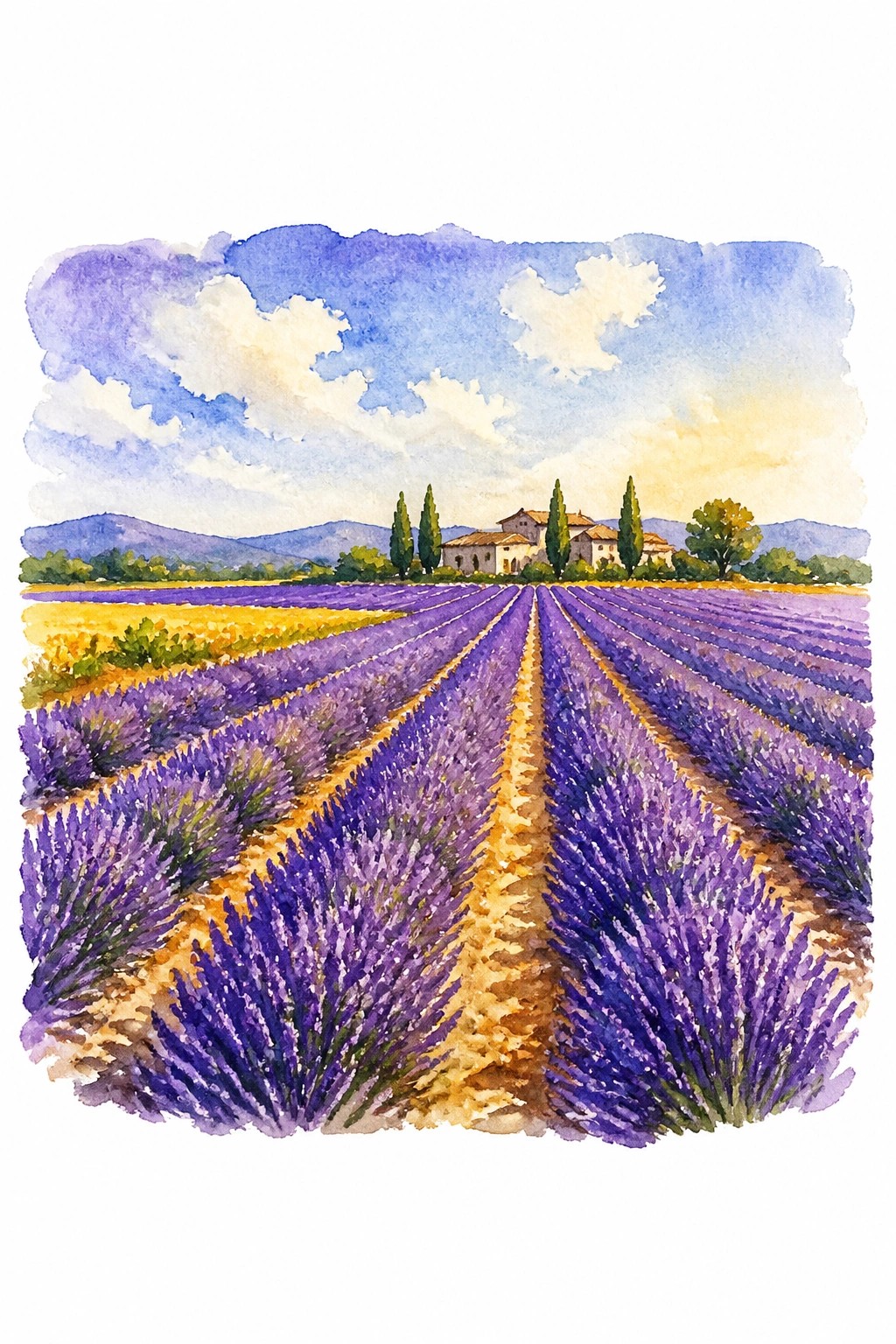 Watercolor landscape of purple lavender rows converging toward a distant farmhouse with cypress trees and blue sky with clouds