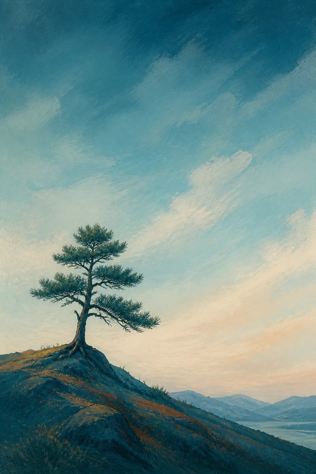A lone pine tree grows from a rocky hillside beneath a sweeping blue sky with soft clouds and distant mountains beside calm water.