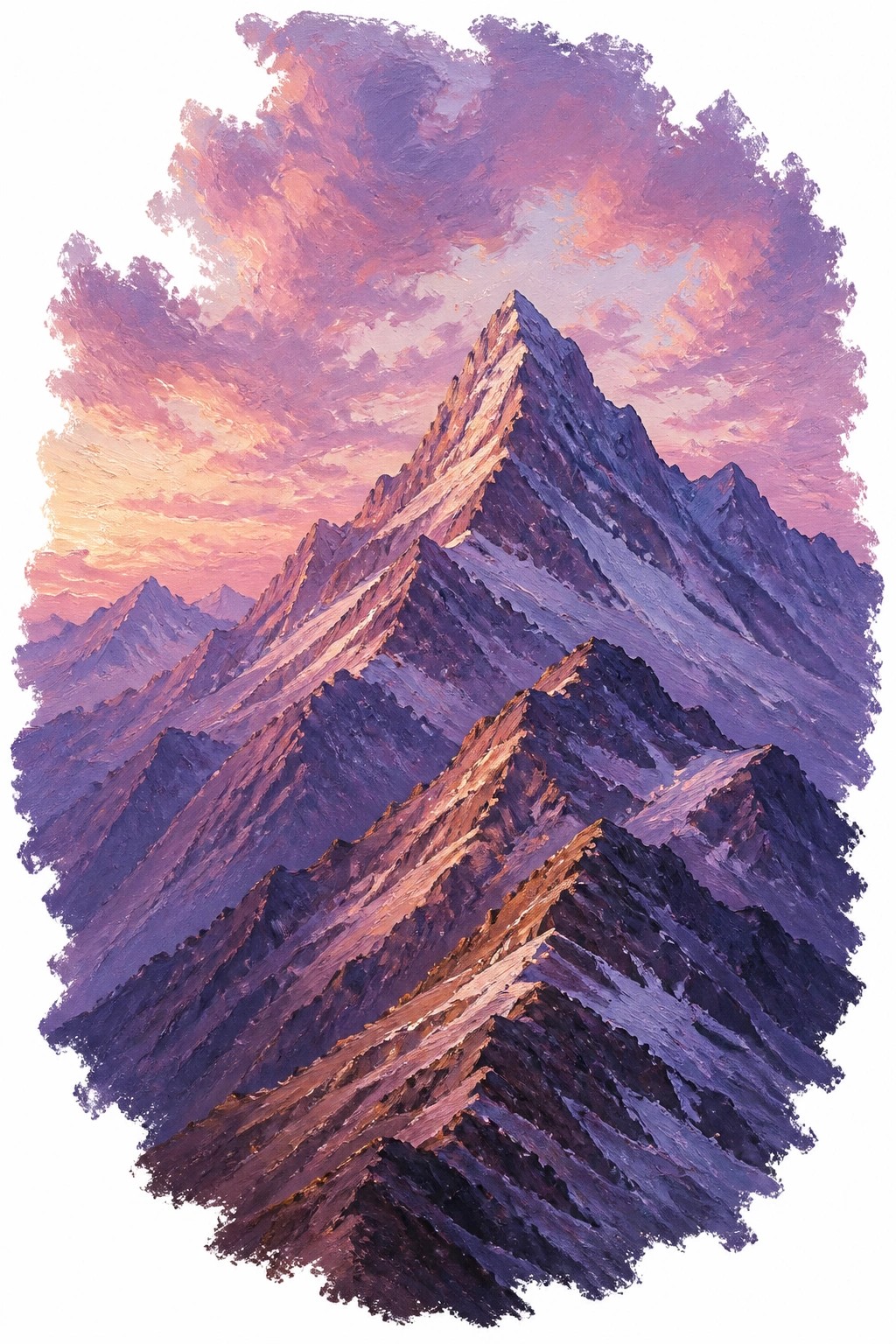 An expressive oil painting of jagged mountain peaks glowing under a dramatic pink and purple sunset sky with thick textured brushstrokes.