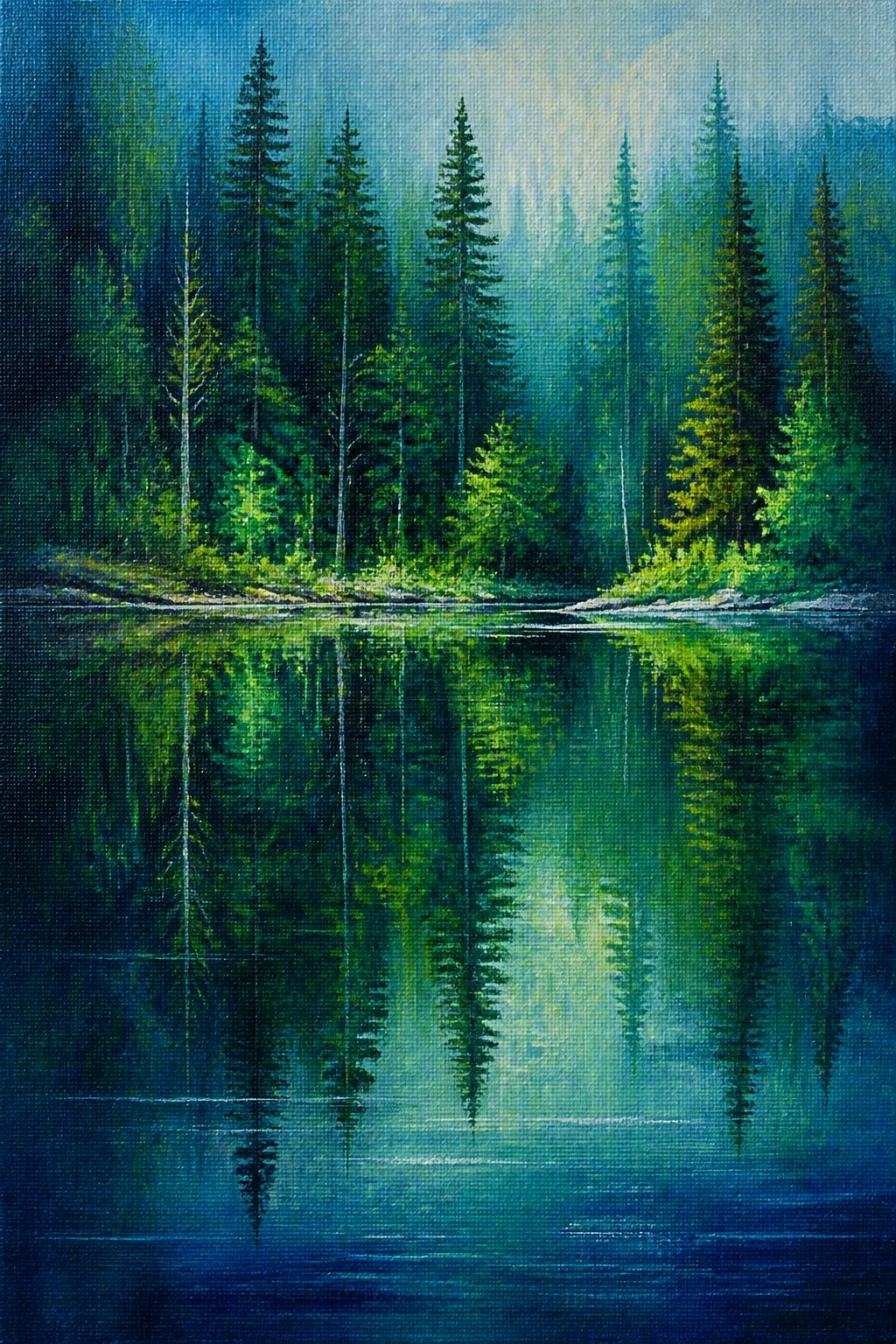 A misty evergreen forest reflected in a calm blue lake with soft sunlight filtering through the trees on a canvas painting.