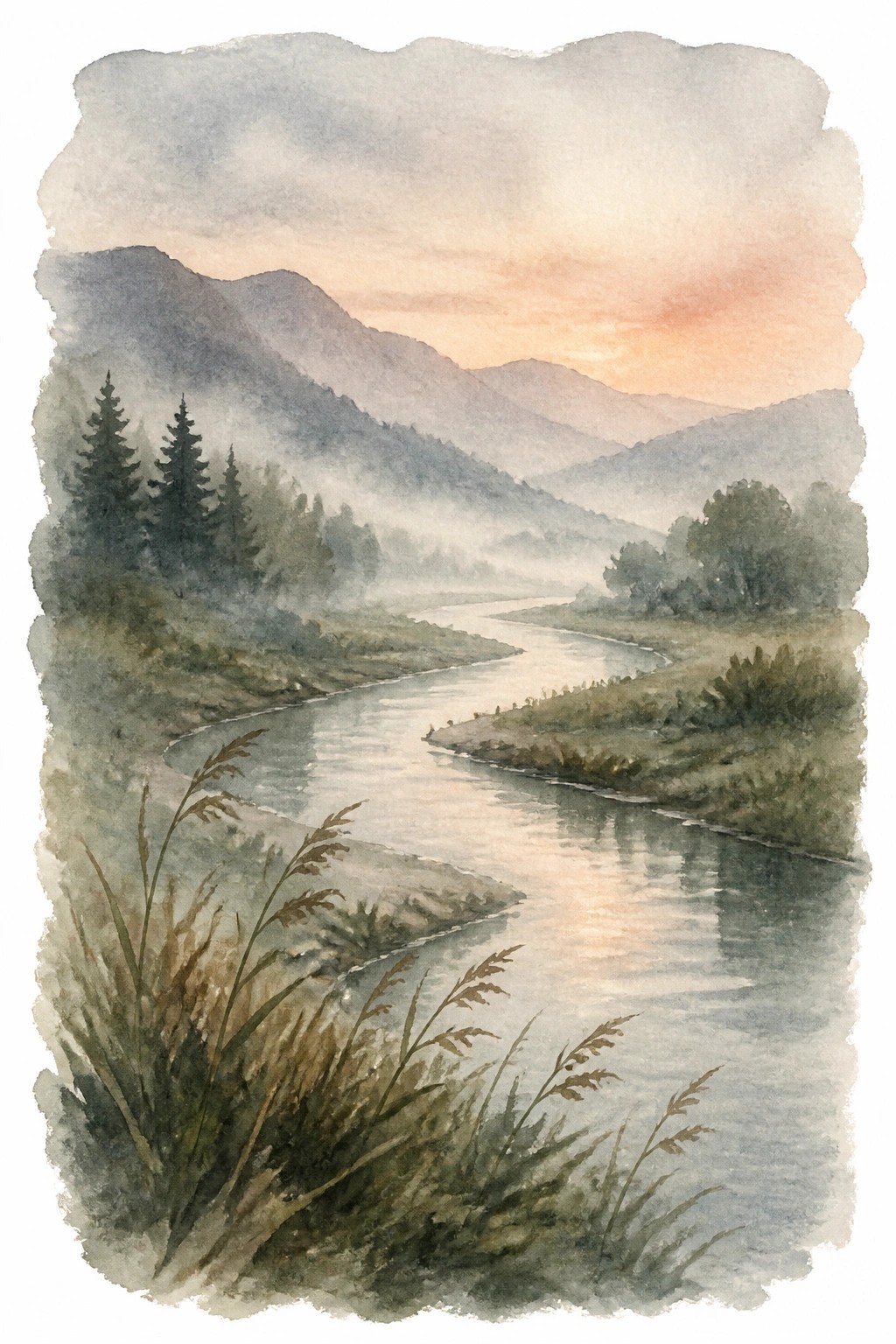 Watercolor landscape of a curving river in misty mountains at sunrise with pine trees and soft reflections