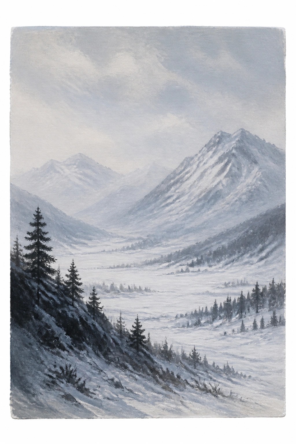 Watercolor painting of a foggy snowy mountain valley with scattered pine trees and soft blue gray atmospheric tones.