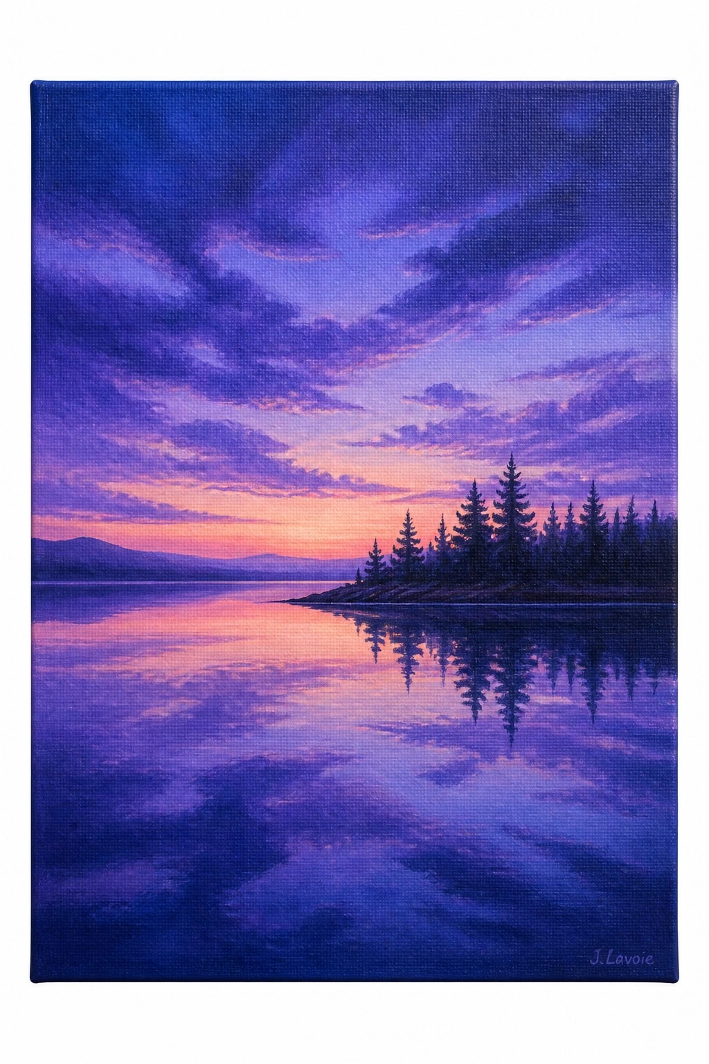 A realistic acrylic painting of a purple blue sunset over a still lake with pink and orange clouds reflected in the water and a line of dark pine trees on the right shore.