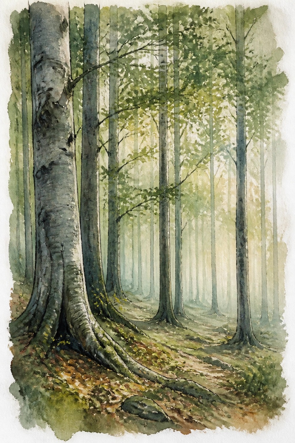 Watercolor forest scene with tall trees misty atmosphere and prominent roots along a path