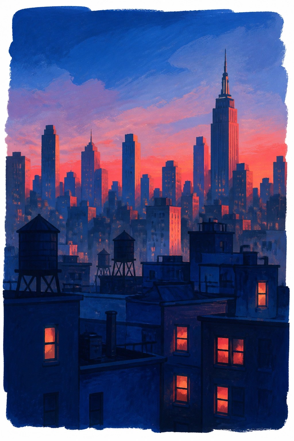 Digital painting of New York skyline at sunset with Empire State Building against orange and blue sky water towers on rooftops and glowing red windows in dark buildings