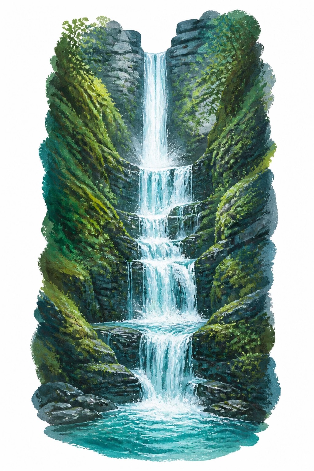 A watercolor landscape of a tall cascading waterfall between mossy green cliffs with turquoise water pooling at the bottom.