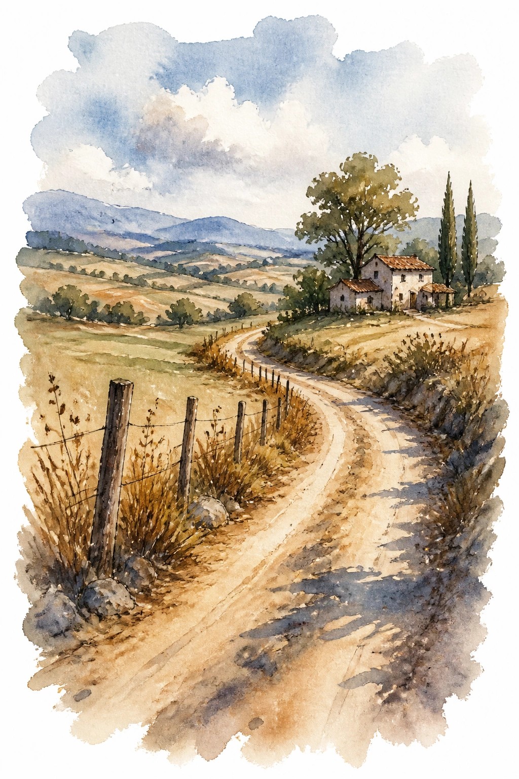 Watercolor landscape of a winding dirt road leading past fields to a farmhouse with mountains in the background