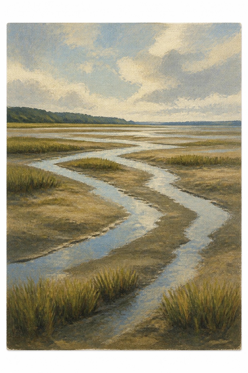 A realistic oil painting of a winding stream through a grassy marsh with sandy banks under a cloudy sky and distant hills.