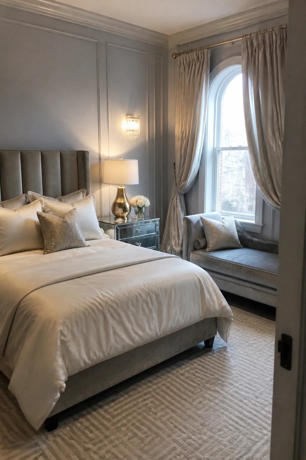 Elegant bedroom with gray paneled walls, white bed linens, and velvet chaise.