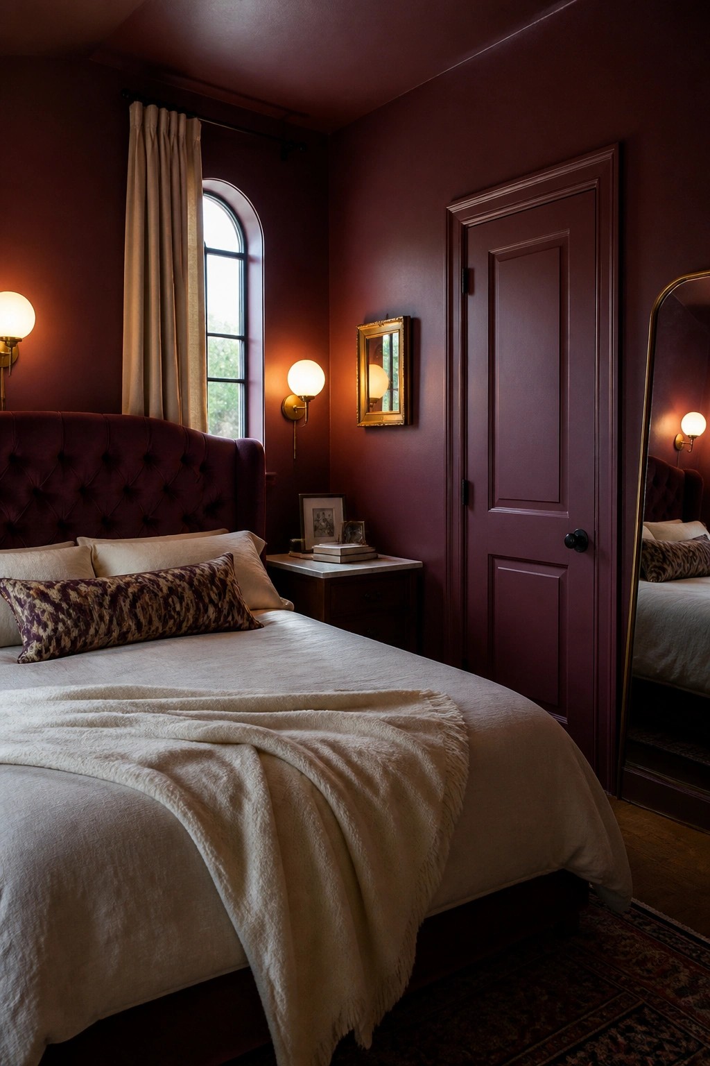 Deep burgundy walls and door in a small bedroom with color drenching.