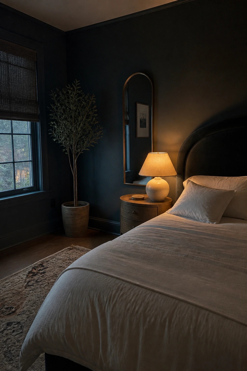 Dark charcoal walls in a small bedroom with a wooden nightstand and light bedding.