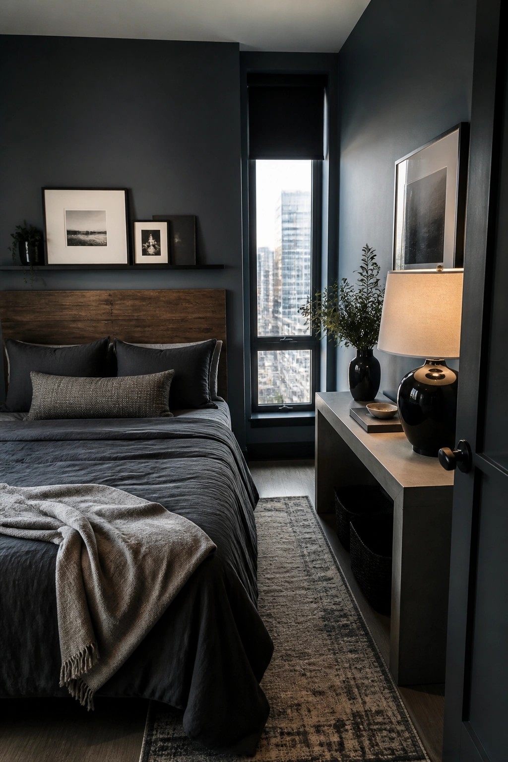 A small bedroom with deep charcoal gray walls and a wooden headboard.