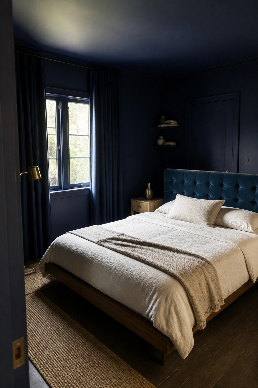 A small bedroom with deep navy blue walls, ceiling, and trim creating a full color-drenched effect.